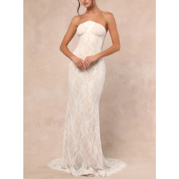 Lulu's Maxi Dress Strapless Bustier Lace Valeria Size L White - Picture 6 of 6